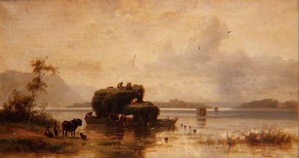 Köylüler ve Haybarges ile Bir Göl Manzarası by Christian Mali