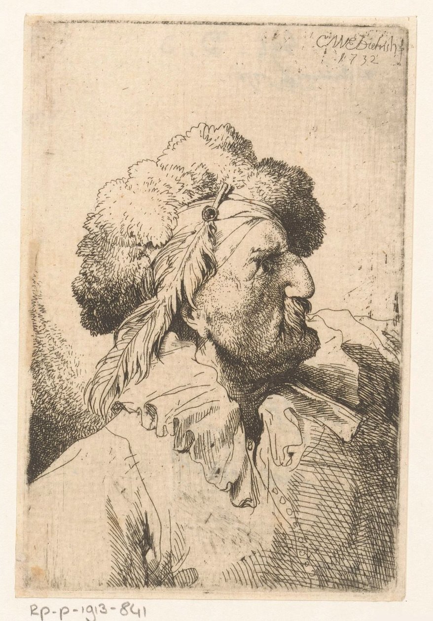 Kürk şapka ve tüy olan adam by Christian Wilhelm Ernst Dietrich