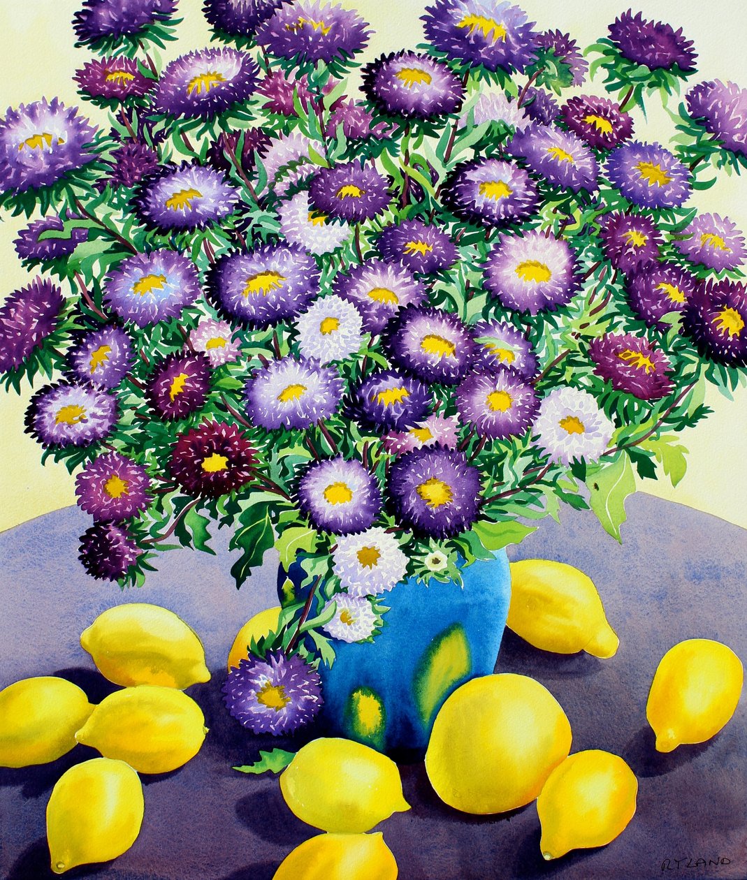 Mor Asterler ve Limonlar (kağıt üzerine sulu boya) by Christopher Ryland