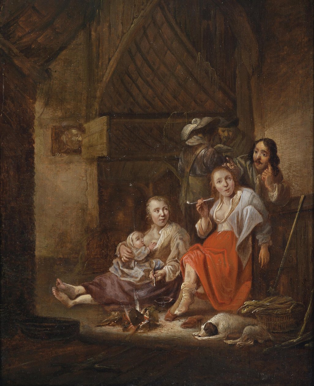 Bäuerliches Interieur mit Figuren an einer Feuerstelle by Circle of Anthonie Palamedes
