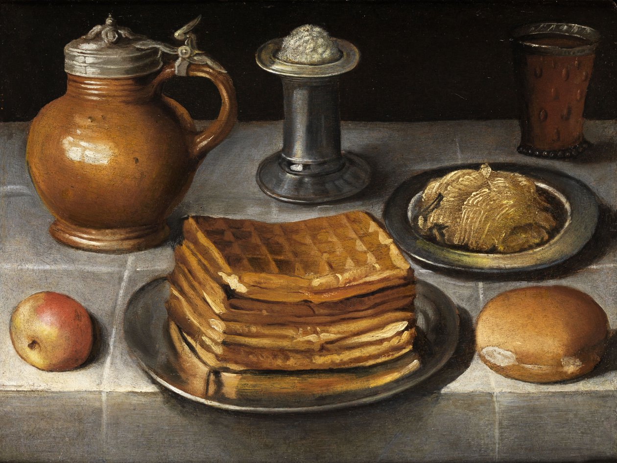 Kalaylı tabaklar, taş sürahi ve waffle ile natürmort by Circle of Georg Flegel