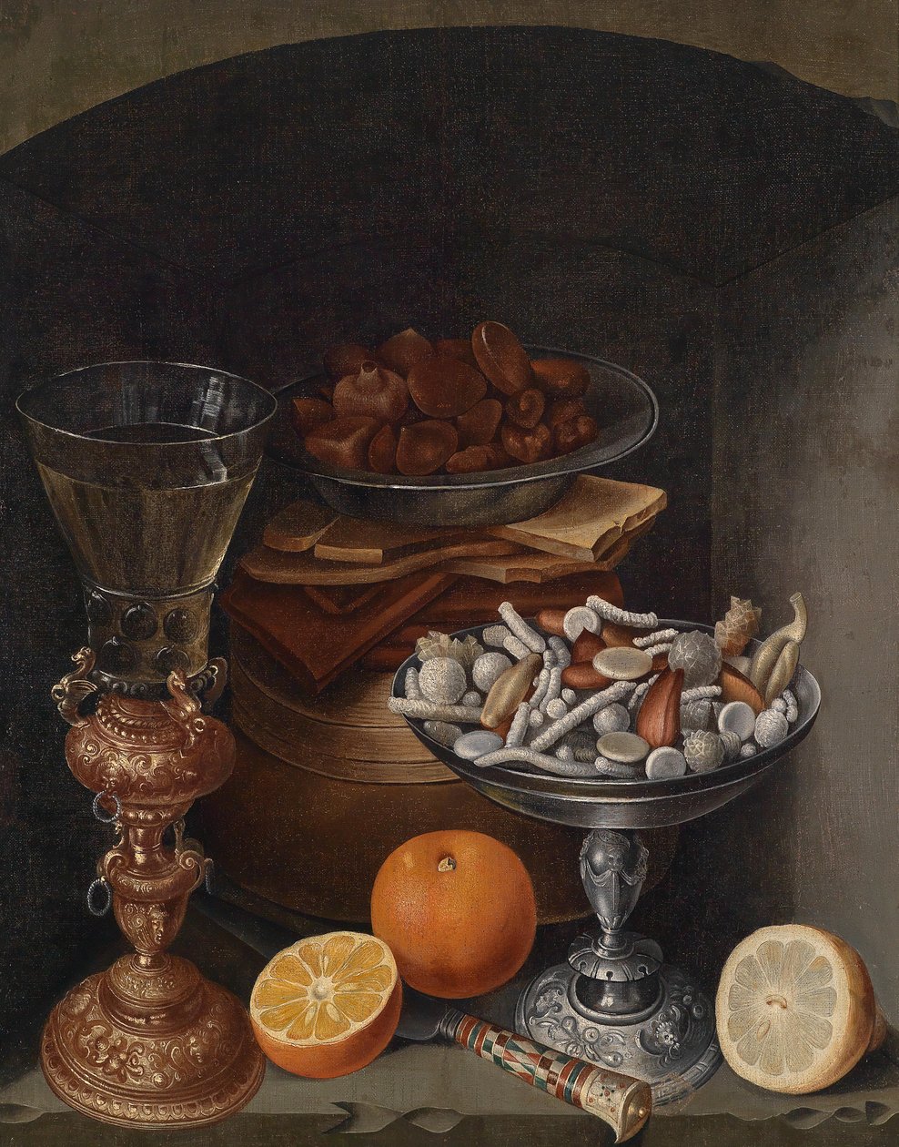 Bir şarap kadehi, portakal, mantarlı bir tabak ve şekerli gümüş bir kase ile natürmort by Circle of Georg Flegel