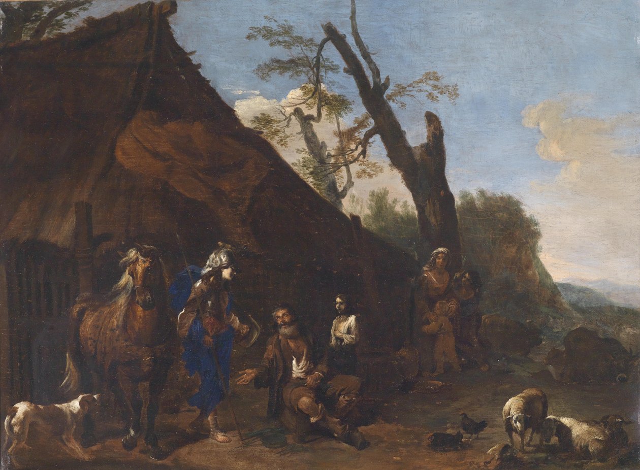 Kaçak Erminia, bir çiftçiden kendisini içeri almasını ister. by Circle of Jan Miel
