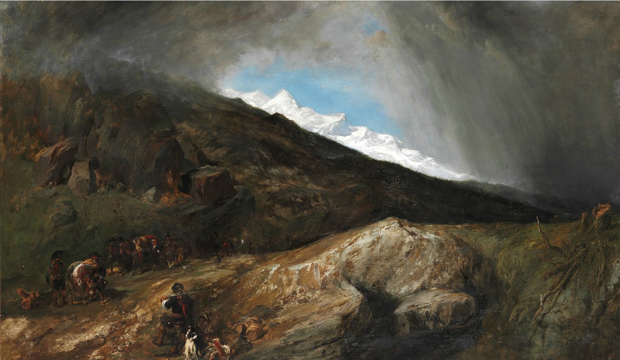 Bir avcı ve yürüyüşçüler ile dağ manzarası by Clarkson Frederick Stanfield