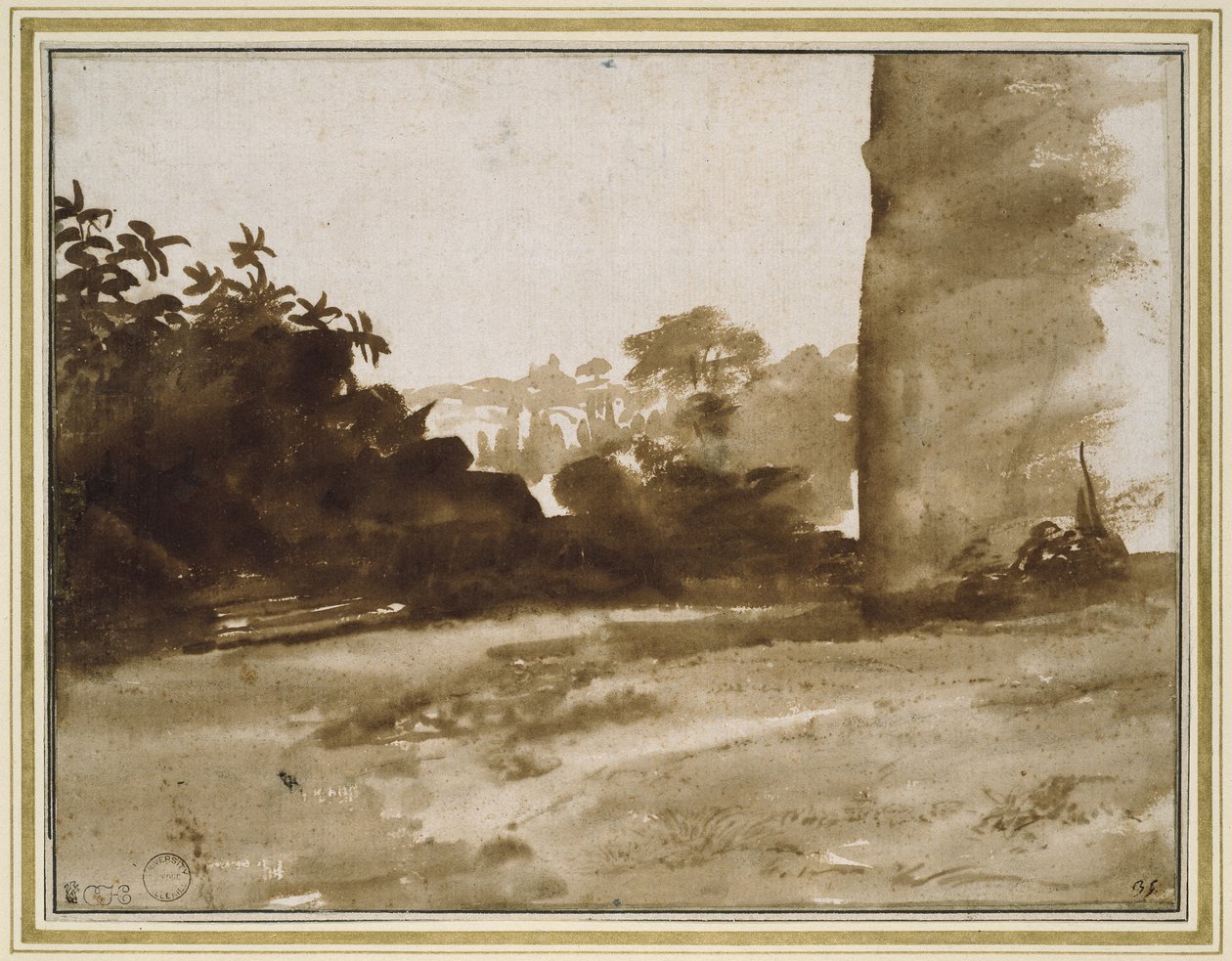 Sağda Duvarlı Çalılık Görünümü, yaklaşık 1640 (beyaz kağıt üzerinde fırçalı ve kahverengi astarlı soluk siyah tebeşir izleri) by Claude Lorrain