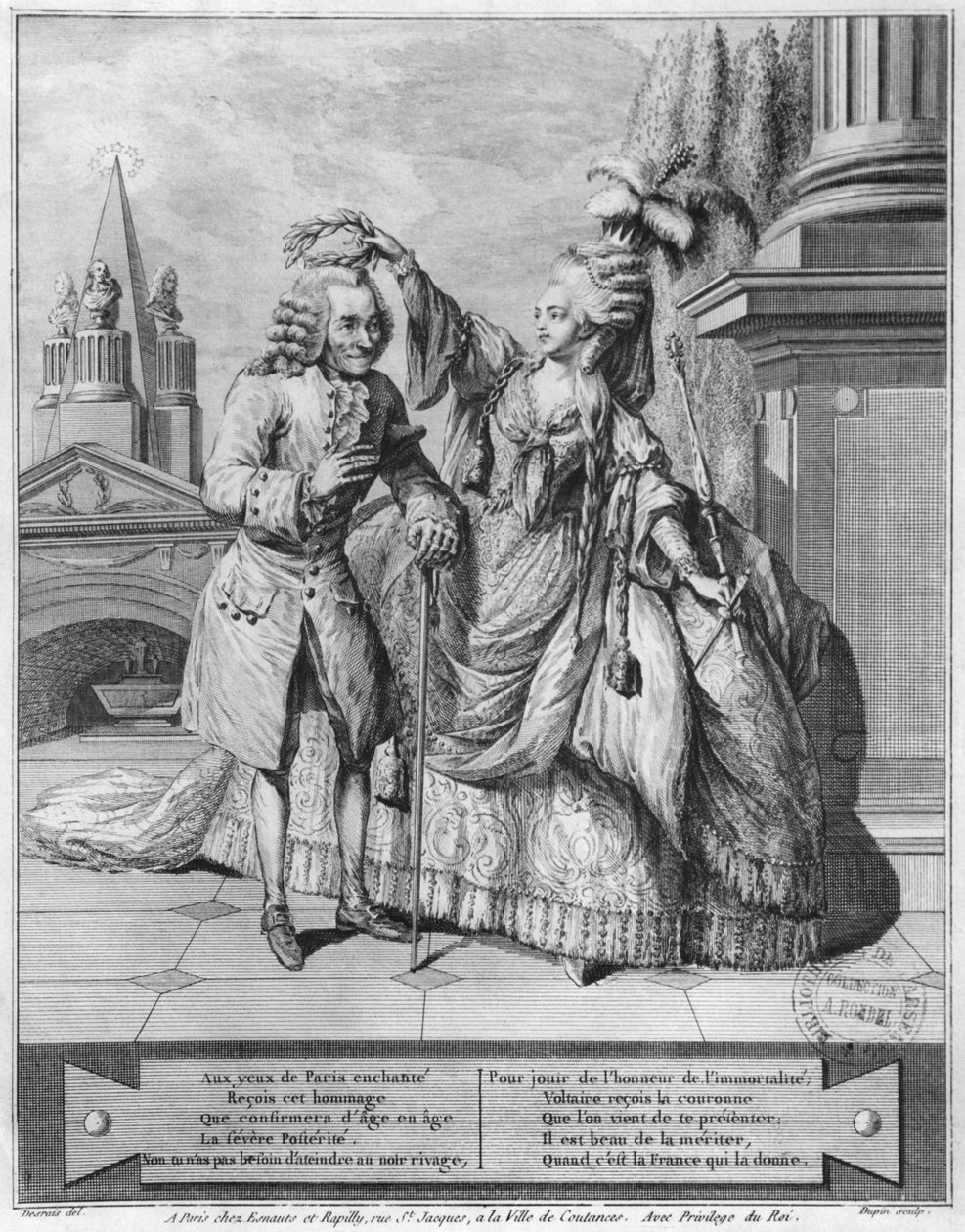 Matmazel Clairon tarafından taçlandırılmış Voltaire, Jean Victor (d.1718) tarafından oyulmuş 1791 by Claude Louis Desrais