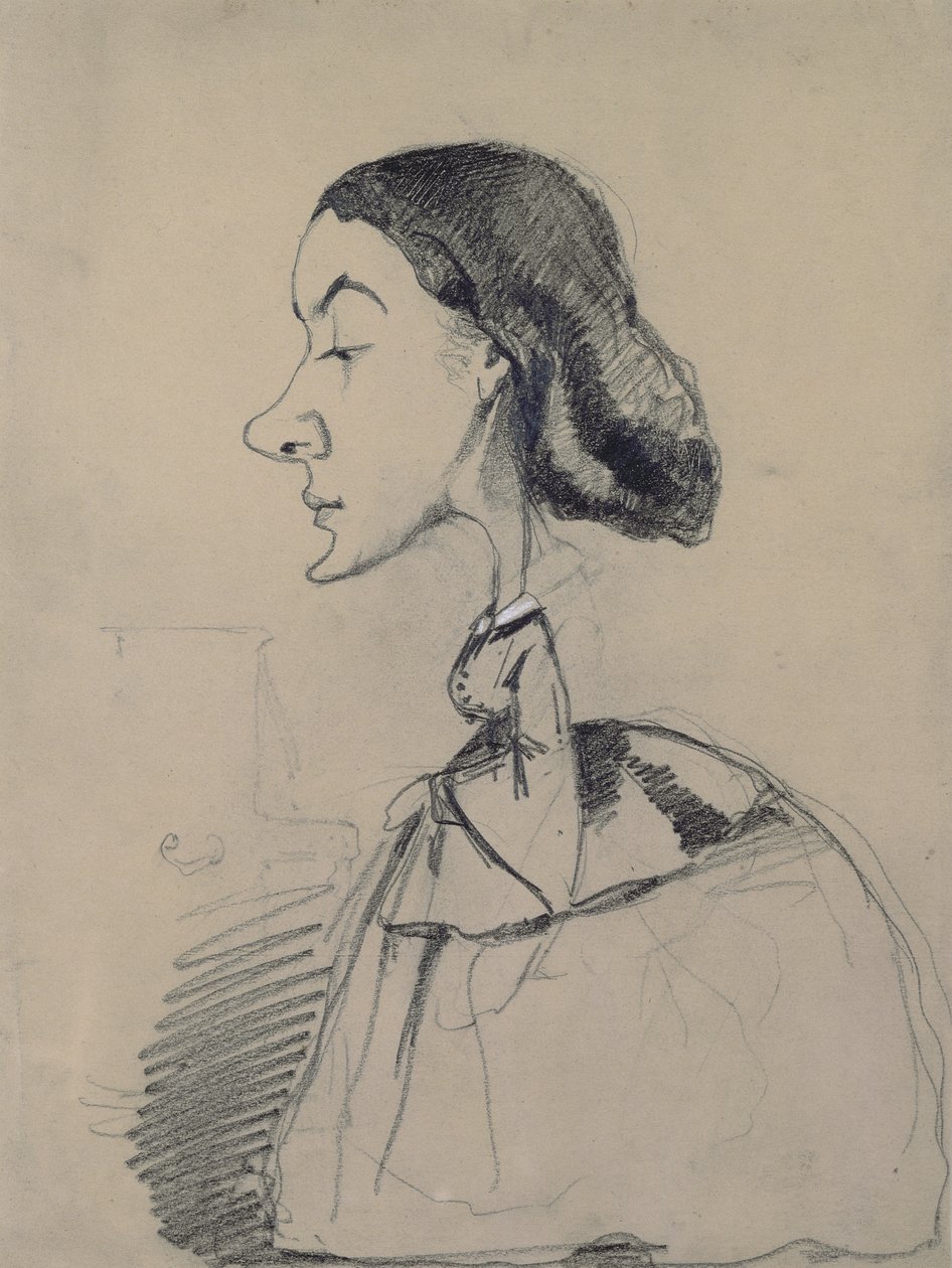 Piyanodaki Genç Kadın, 1855-60 (kağıt üzerinde beyaz pastel ile yükseltilmiş siyah mum boya) by Claude Monet