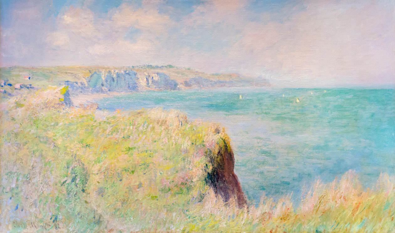Pourville'de uçurumlar ve yelkenli tekneler by Claude Monet