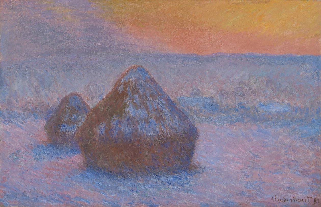 Buğday Yığınları (Günbatımı, Kar Etkisi) by Claude Monet