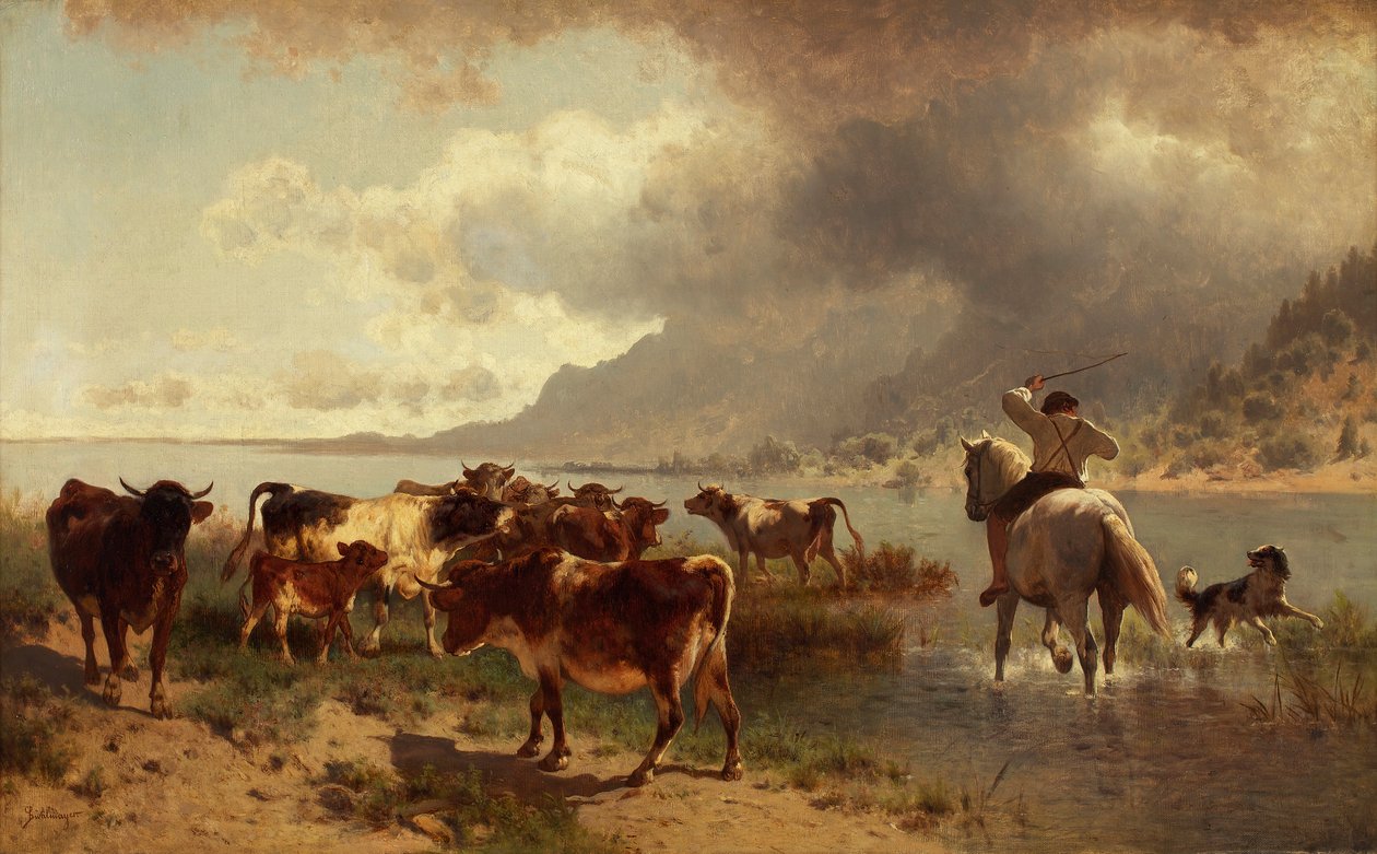 Bir göl kıyısında sığır sürüsü by Conrad Bühlmayer