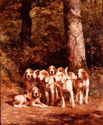 Ormanlık bir arazide spor yapan köpekler by Constant Emile Troyon