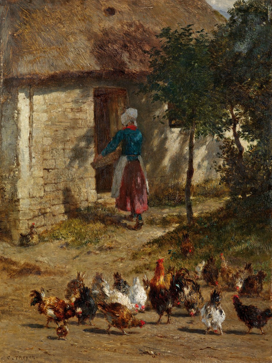 Bir çiftlik evinin önünde tavuklar by Constant Troyon