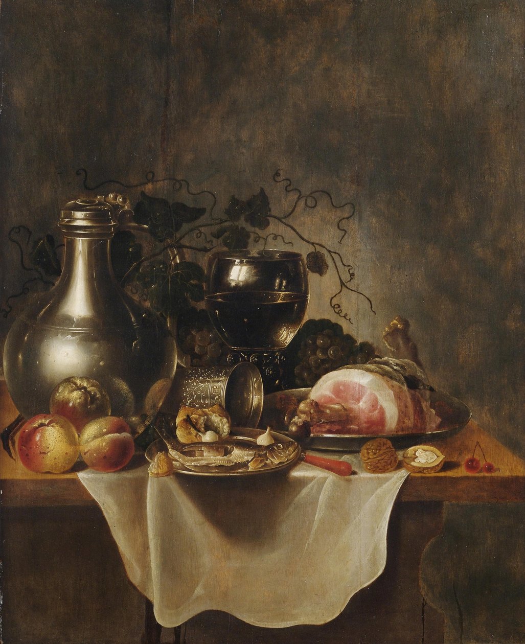 Kalaylı sürahi, roemer cam ve jambon ile natürmort, panelde yağ by Cornelis Cruys