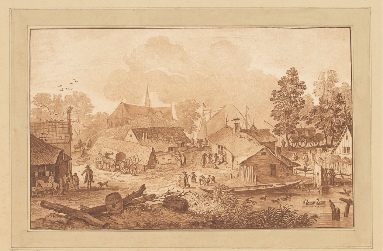 Gölet ile köy manzarası by Cornelis Brouwer