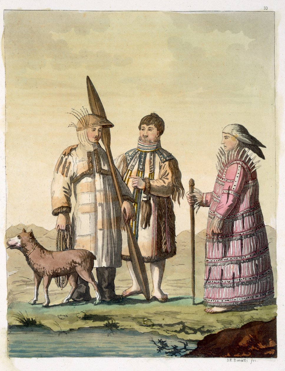 Balık tutmak için giyinmiş Alaskalı erkekler ve kadınlar (renkli gravür) by D.K. Bonatti