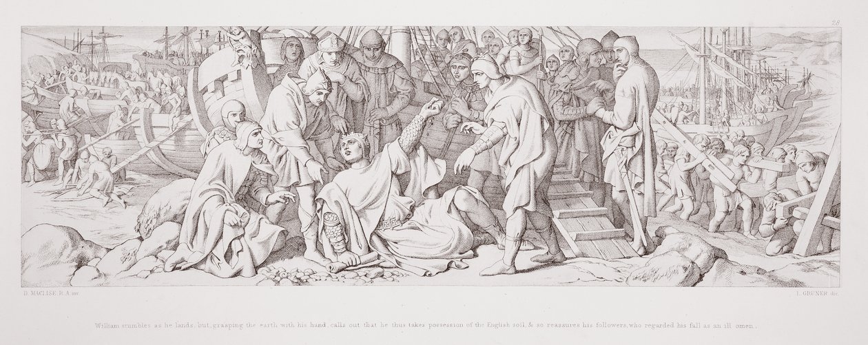 William yere inerken tökezler, ama eliyle dünyayı kavrayarak İngiliz toprağına sahip olduğunu söyler ve onun düşüşünü uğursuzluk olarak gören takipçilerine, by Daniel Maclise