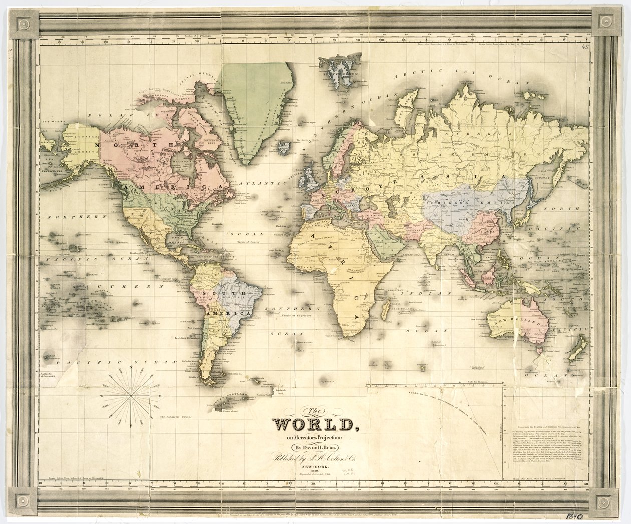 Mercator projeksiyonunda dünya, 1840 (el renkli baskı) by David Burr