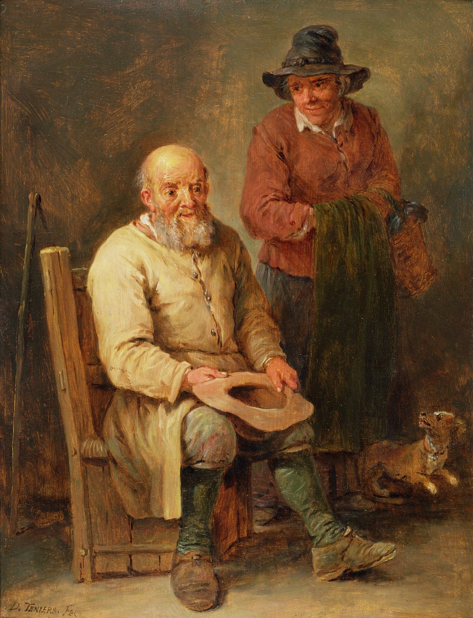 Yanında bir kadın ve ayaklarının dibinde bir köpekle oturan bir adam, 17. yüzyıl by David Teniers the Younger