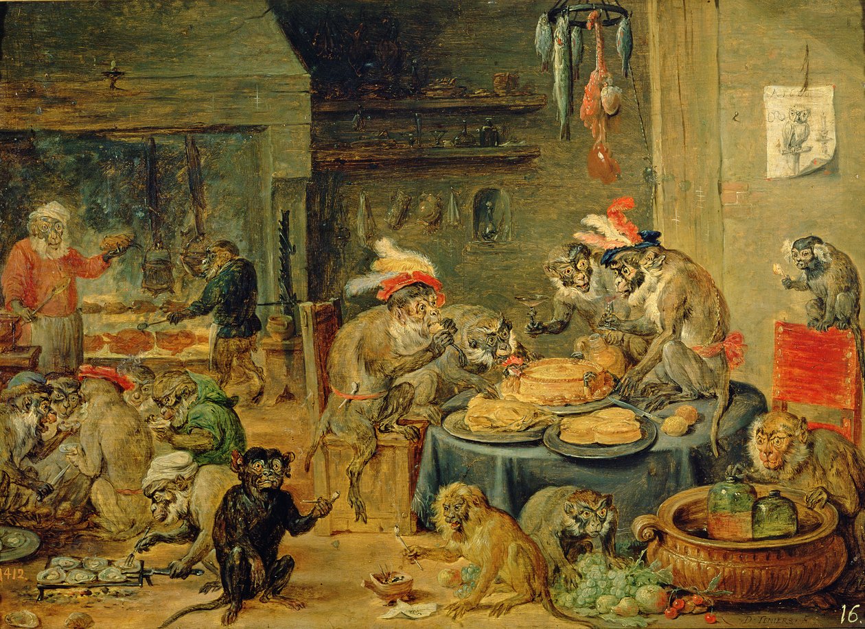 Maymun Ziyafeti, 1810 (tahta üzerine yağlı boya) by David Teniers the Younger