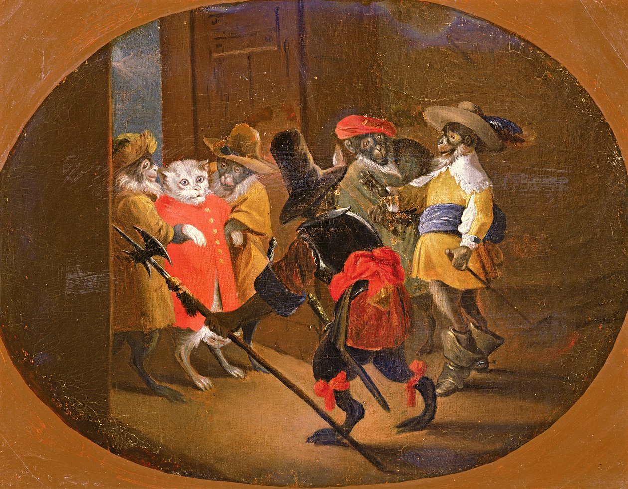 Monkeys disguised as soldiers, bringing them to a cat officer  by David Teniers the Younger