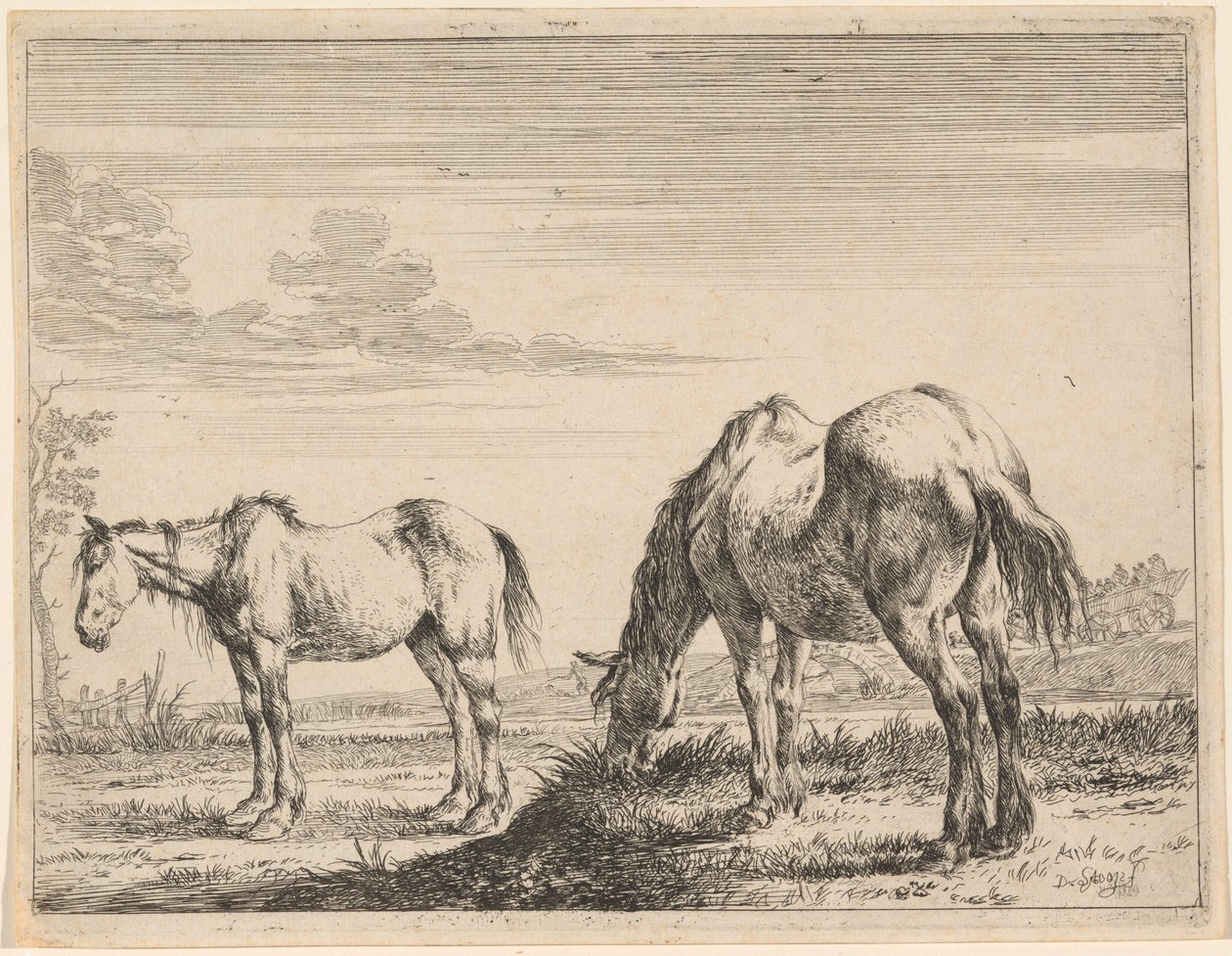 İki Otlayan At by Dirck Stoop