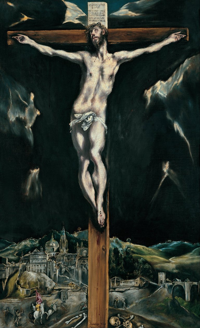 Arka planda Toledo ile İsa çarmıha gerildi by El Greco