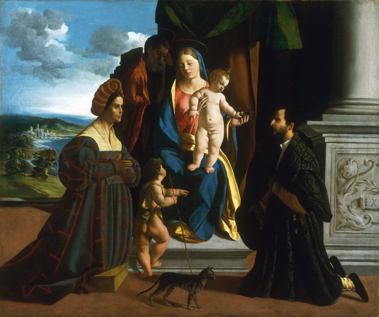 Genç Vaftizci Yahya, Bir Kedi ve İki Bağışçı ile Kutsal Aile by Dosso Dossi