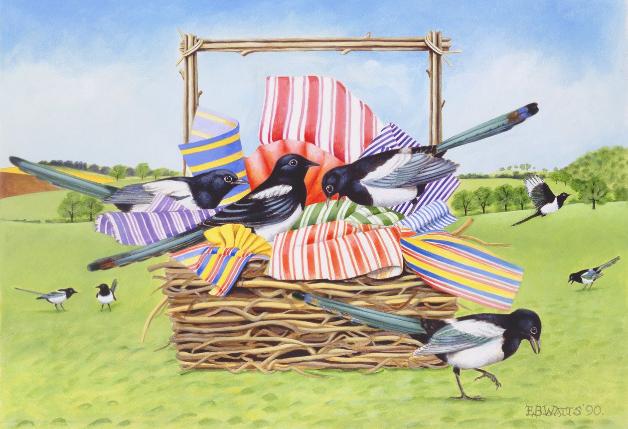 Magpies, 1990 (akrilik) by E.B. Watts