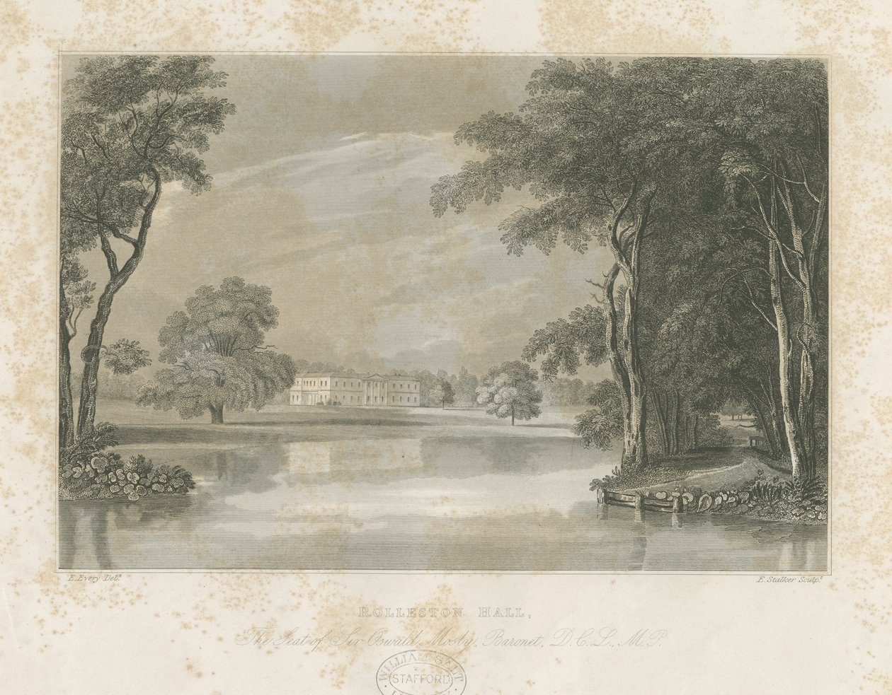 Rolleston Hall: çizgi gravür, nd [c 1840] by E Stalker