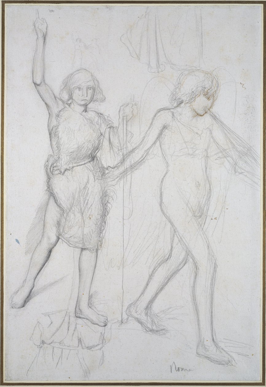 Vaftizci Yahya, önünde yürüyen bir Melek ile sağda (kalem ve kağıt üzerinde kahverengi mürekkepli kalem) by Edgar Degas