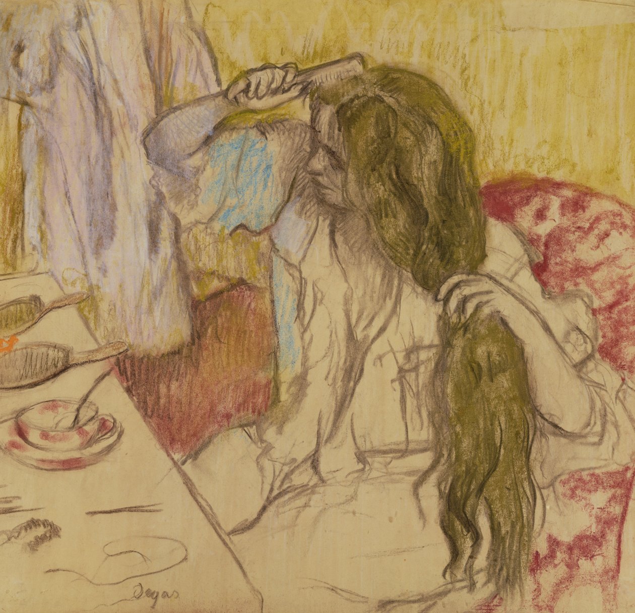 Tuvaletindeki kadın, 1885 dolayları (karton üzerine pastel) by Edgar Degas