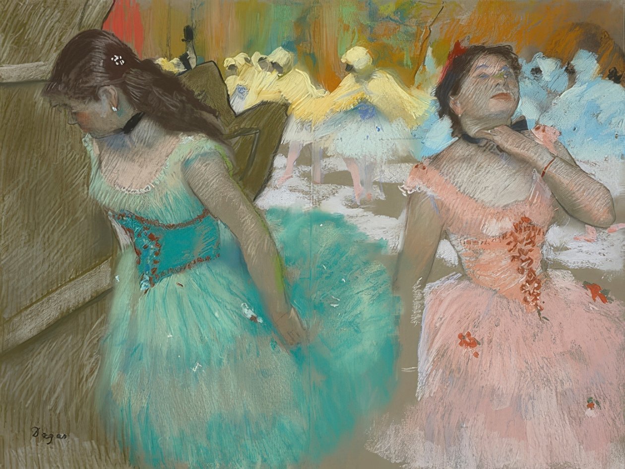 Maskeli dansçıların girişi. 1879 civarında by Edgar Degas