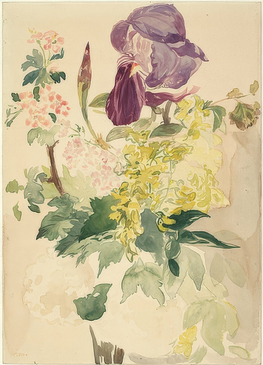 İris, laburnum ve sardunya ile çiçek parçası. 1880 by Édouard Manet