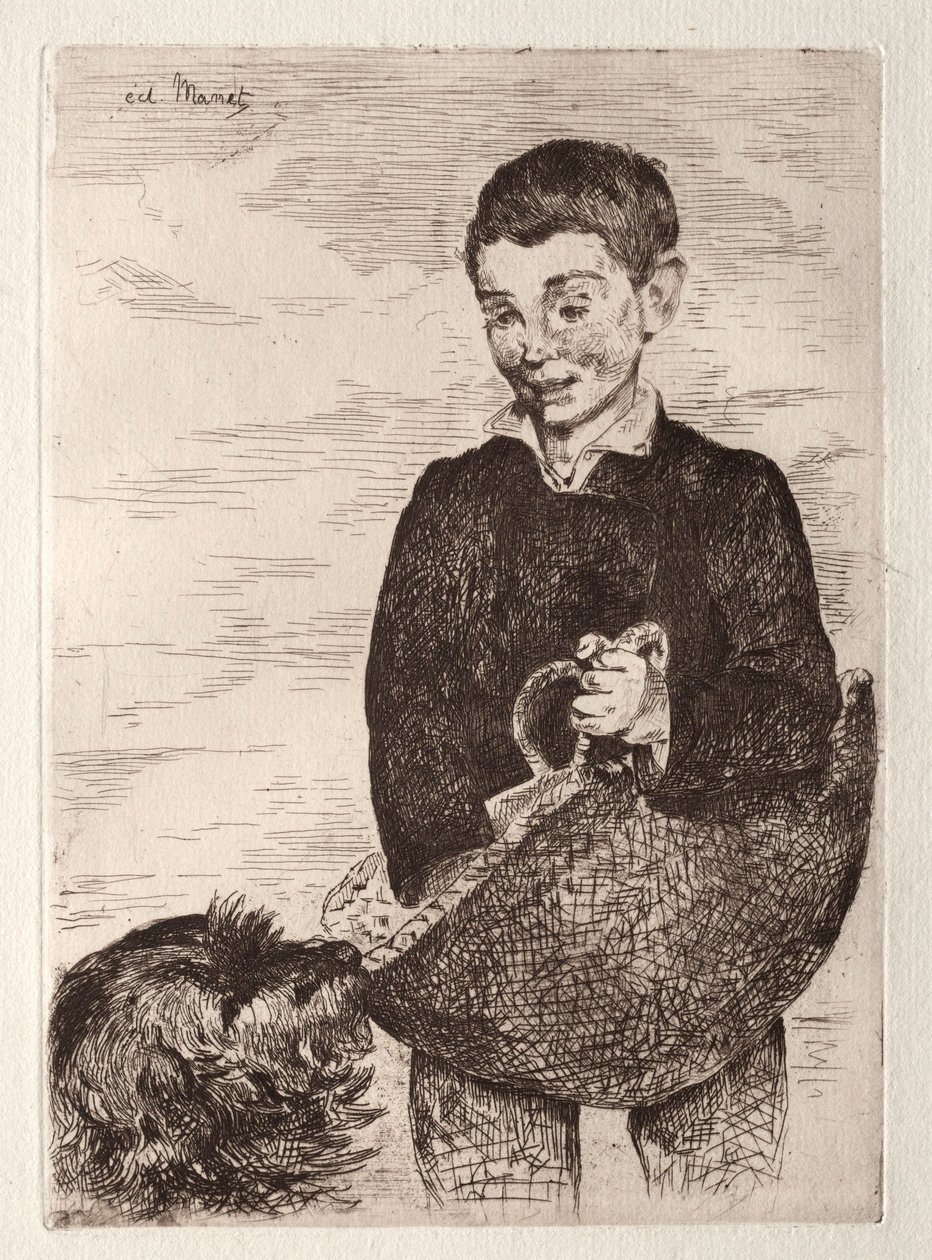 Alışveriş çantası olan köpekli çocuk. by Édouard Manet