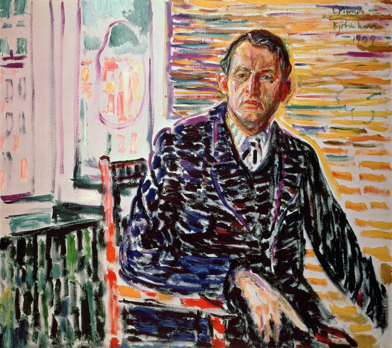 Mavi gömlekli kendi kendine portre by Edvard Munch