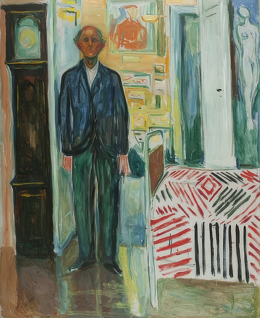 Kendi portresi. Saat ve yatak arasında. 1940-42 by Edvard Munch