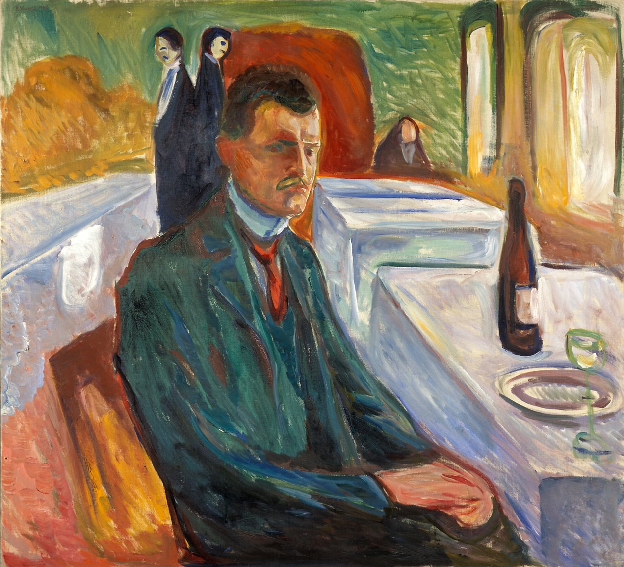 Bir Şişe Şarap ile Otoportre by Edvard Munch