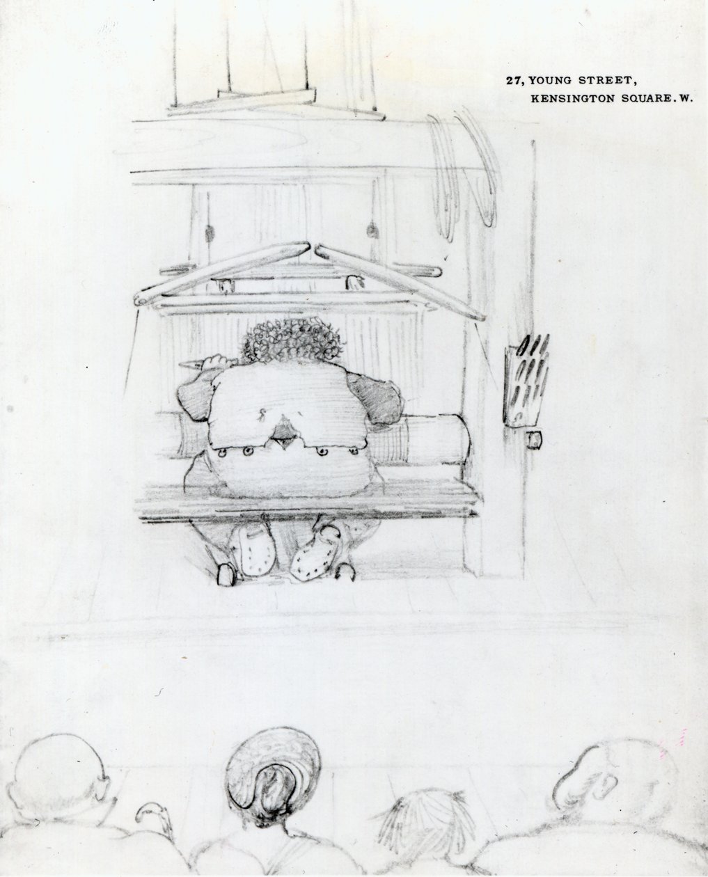 William Morris dokuma tezgahında, karikatür (bw print) by Edward Burne Jones