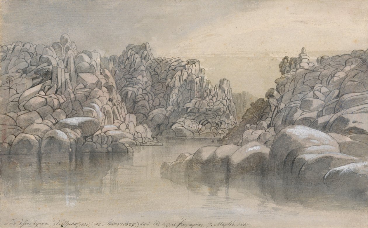 Yarı çorak kayalıklar arasında nehir geçişi by Edward Lear