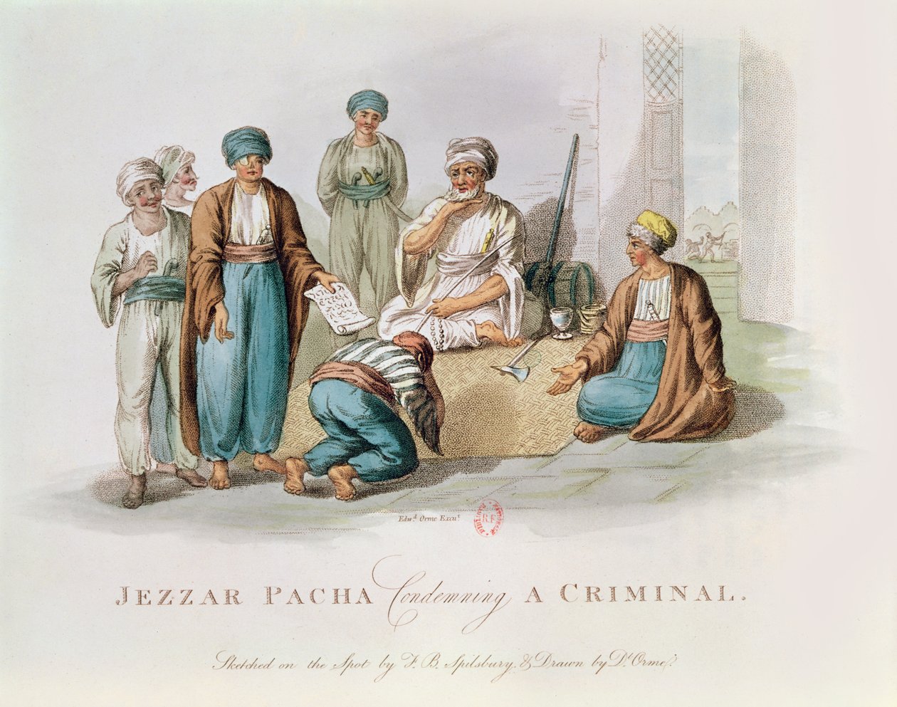 Jezzar Pacha c.1720-1804 suç niteliğindeki bir renkli gravürü mahkum ediyor by Edward Orme
