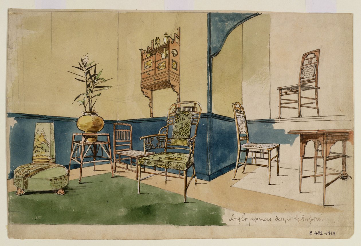Anglo-Japanese Designs, c.1860 (kağıt üzerinde kalem ve siyah mürekkep ve wc) by Edward William Godwin