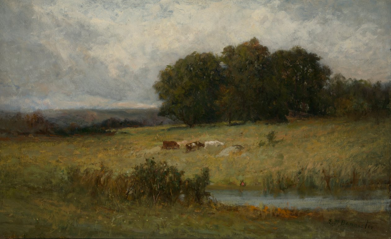 Stream yakınındaki sığır parlak sahne. by Edward Mitchell Bannister