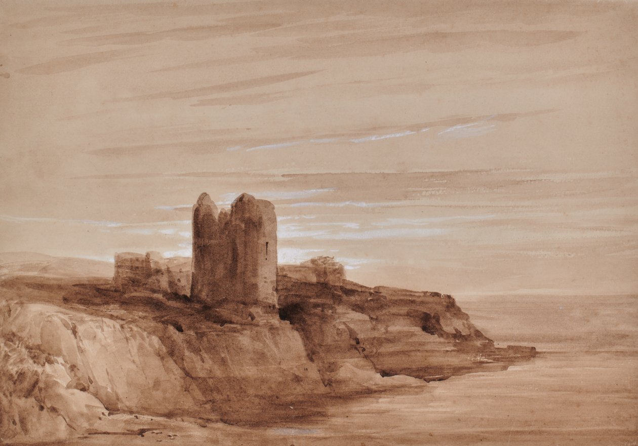 Bir uçurumun üzerinde bir kulenin deniz manzarası by Edward Pretty