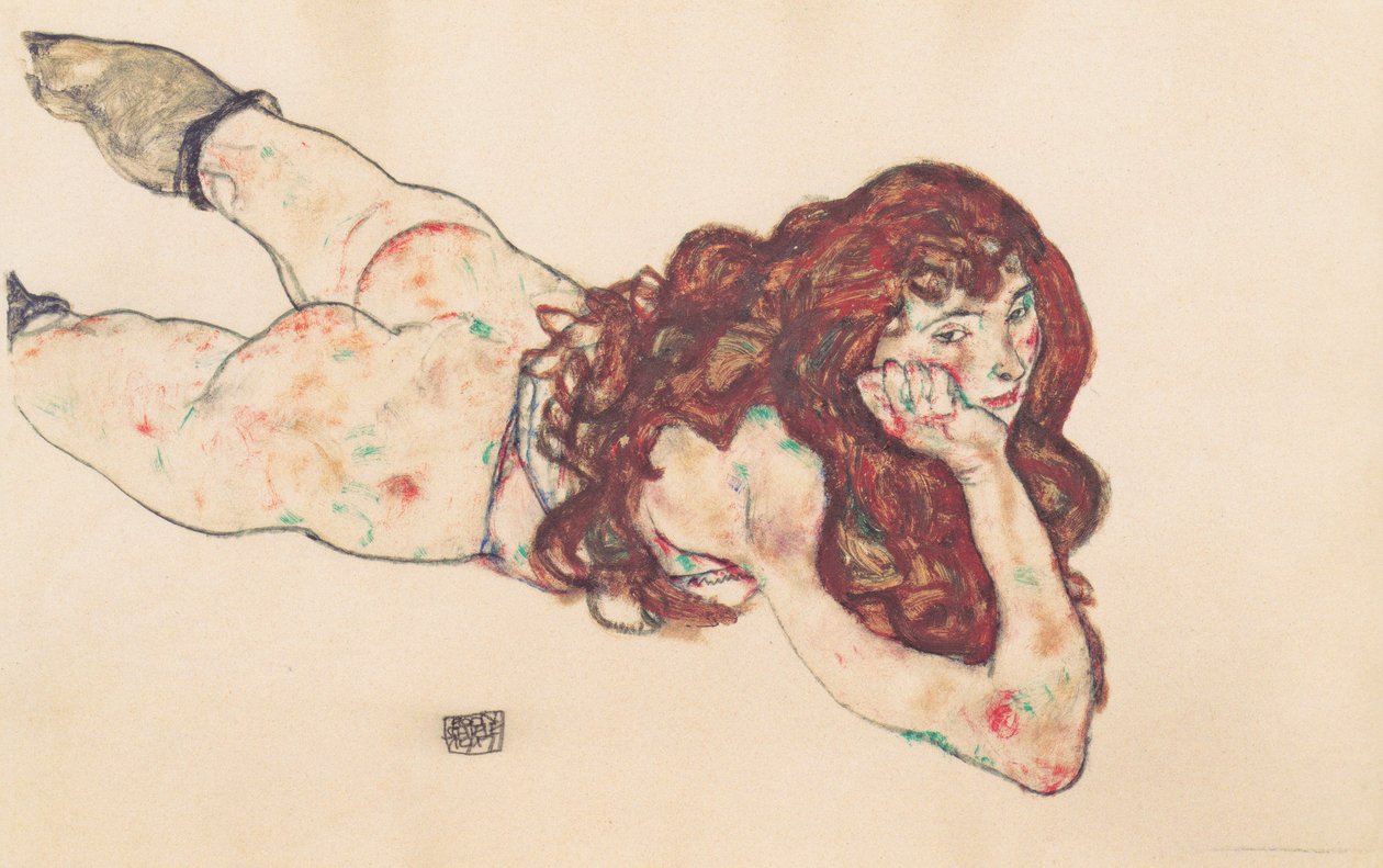 Karnının üzerinde yatan çıplak kadın by Egon Schiele