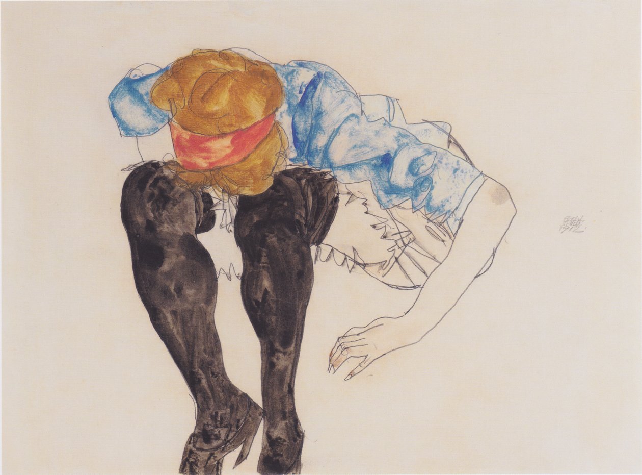 sarışın siyah çorap öne eğilerek by Egon Schiele