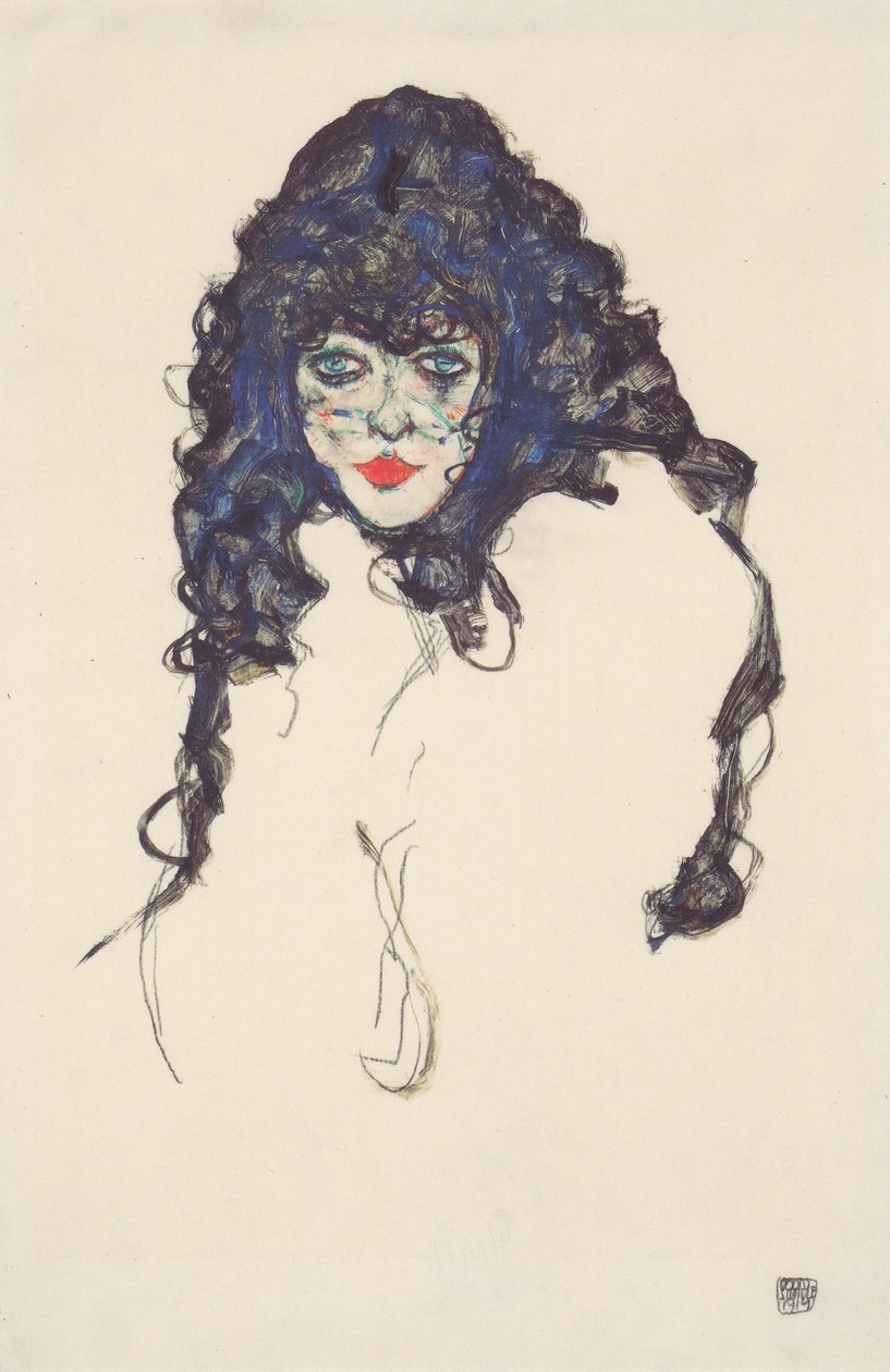 siyah saçlı kadın by Egon Schiele