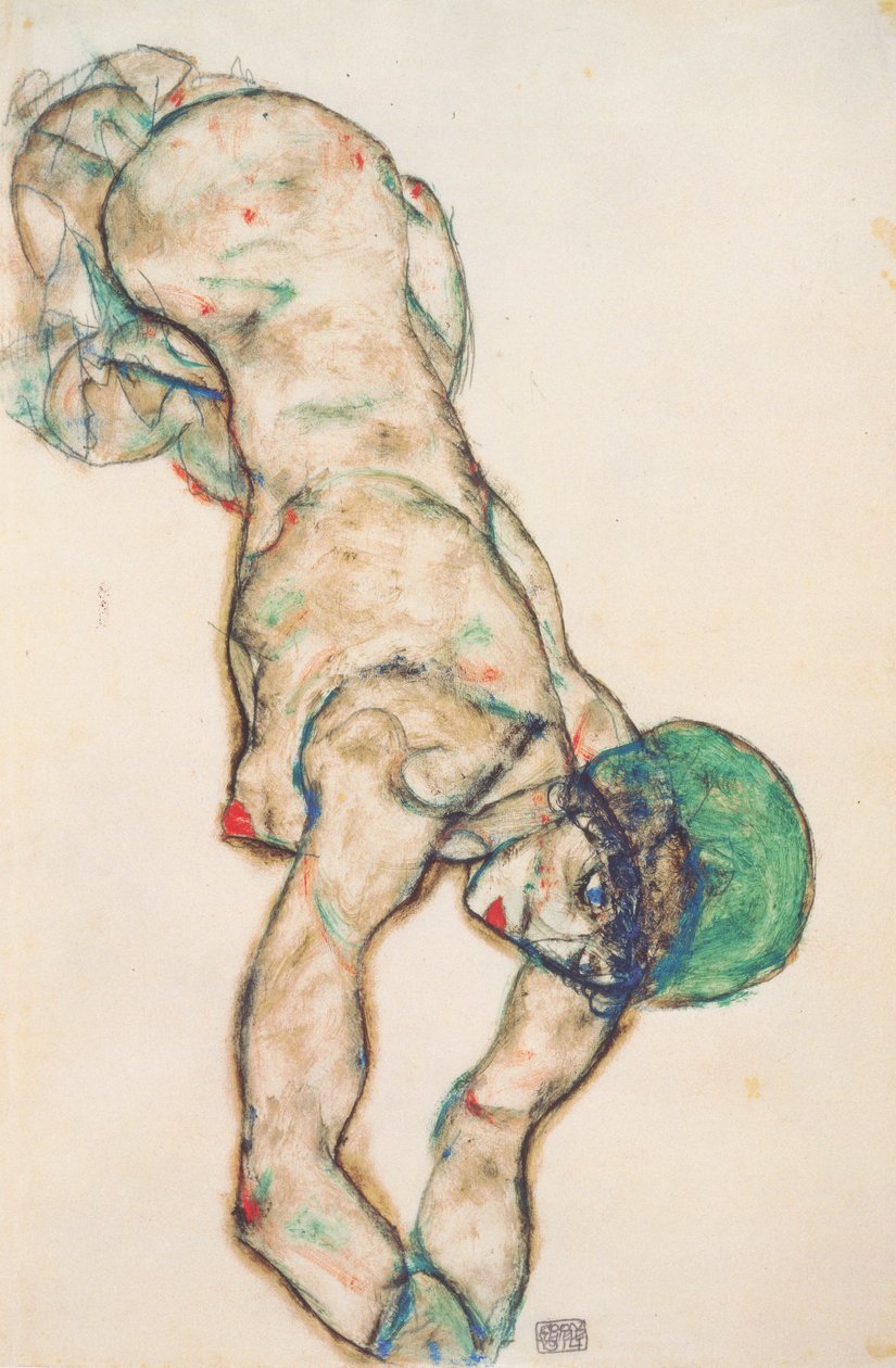 Yeşil bir başlık ile çıplak by Egon Schiele