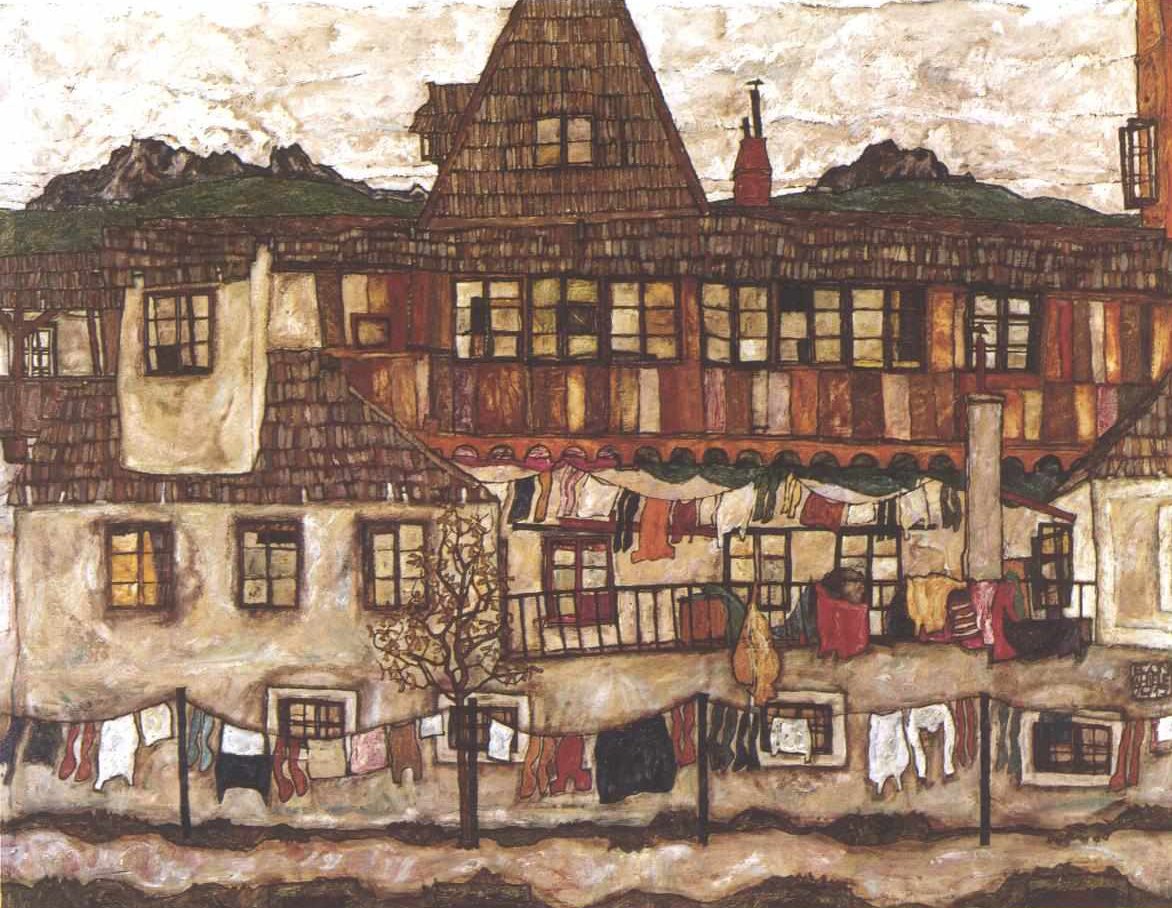 Çamaşır kurutma ile ev by Egon Schiele