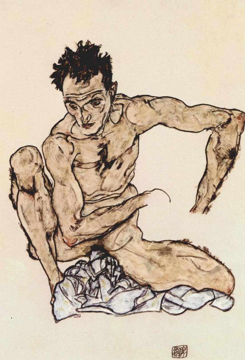 çömelmiş, erkek, çıplak by Egon Schiele