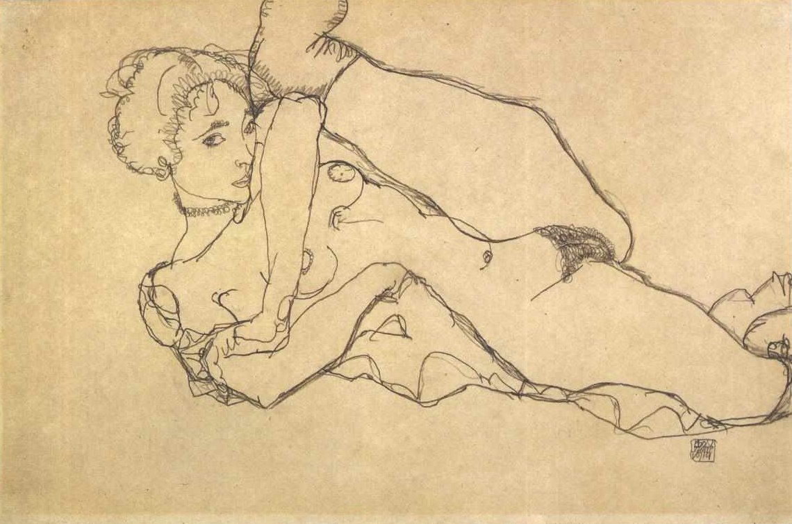 Sol bacağını yukarı çekerek çıplak yatmak by Egon Schiele